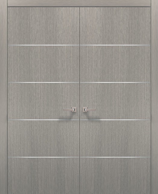 French Double Doors 72 x 80 & Hardware | Planum 0020 Grey Oak | Pre-hung Panel