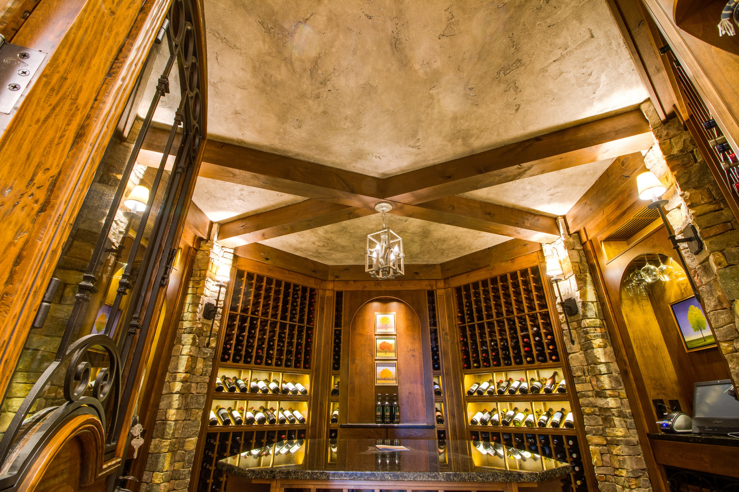 Custom Octagon Wine Cellar, Alder wood beams, stucco ceiling