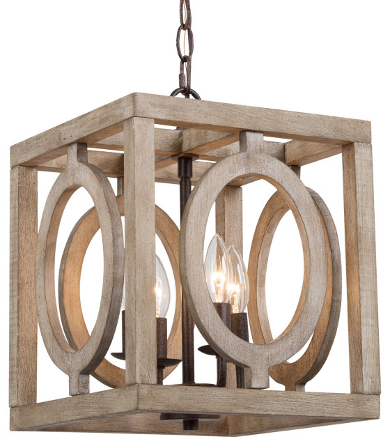 LNC Farmhouse 4-Light Square Bronze Chandelier With Wood Accent