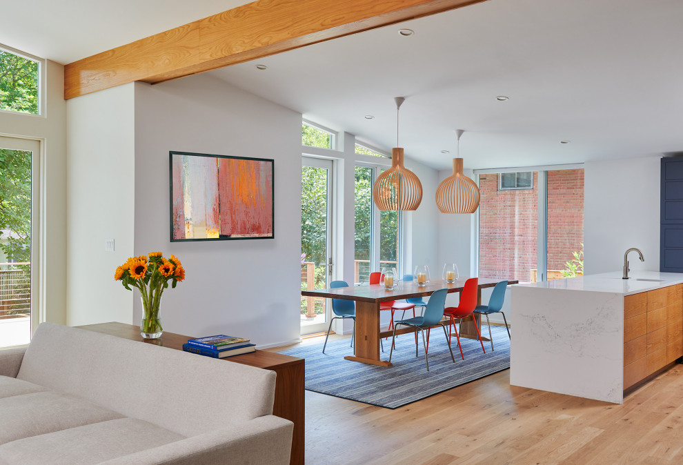 Foto di una sala da pranzo aperta verso la cucina moderna di medie dimensioni con pareti bianche, parquet chiaro e soffitto a volta