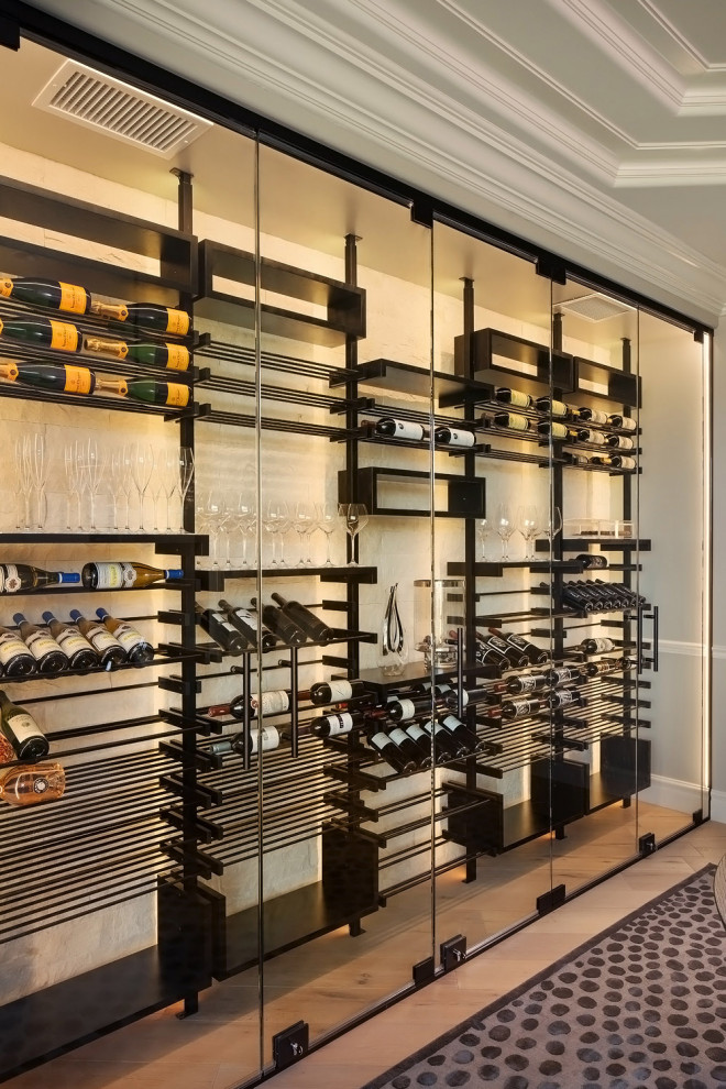 Inspiration for a mid-sized modern wine cellar in Phoenix with porcelain floors, storage racks and multi-coloured floor.