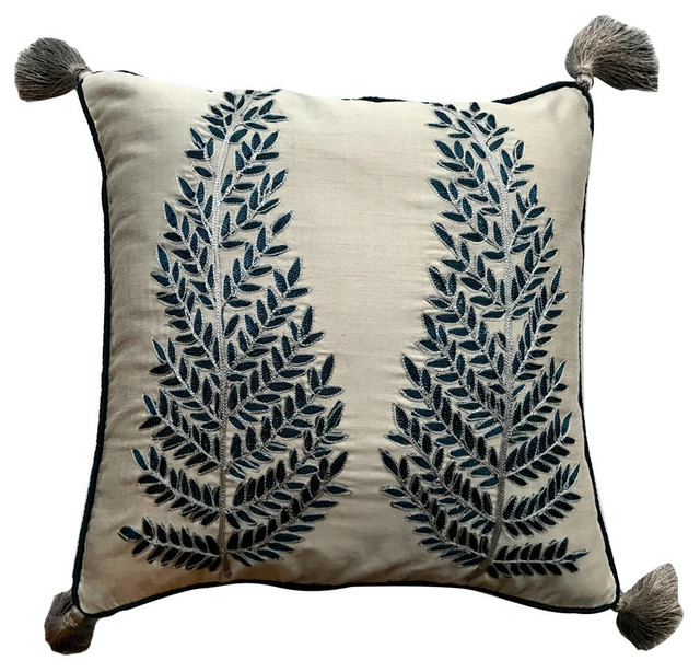 Grey Throw Pillow Cover Crewel Floral With Tassel Silk Fern