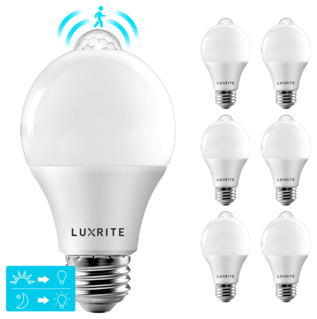 Luxrite A19 LED Motion Sensor Light Bulb Dusk to Dawn 6 Pack Modern