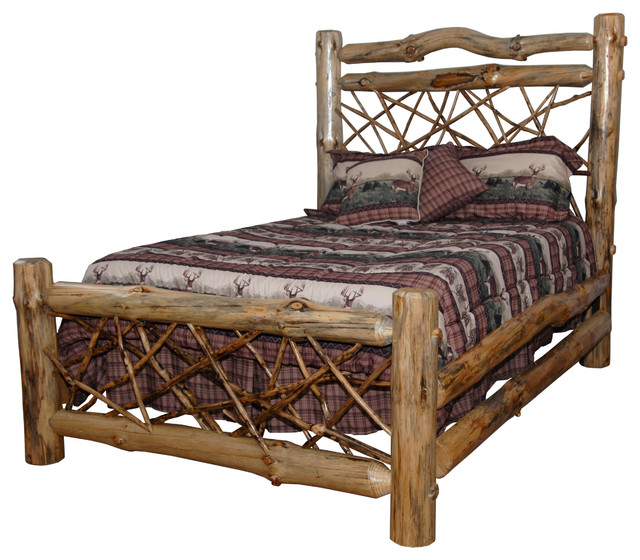 Rustic Pine Log Queen Size Twig Bed, Clear Varnish Rustic Beds by Furniture Barn USA
