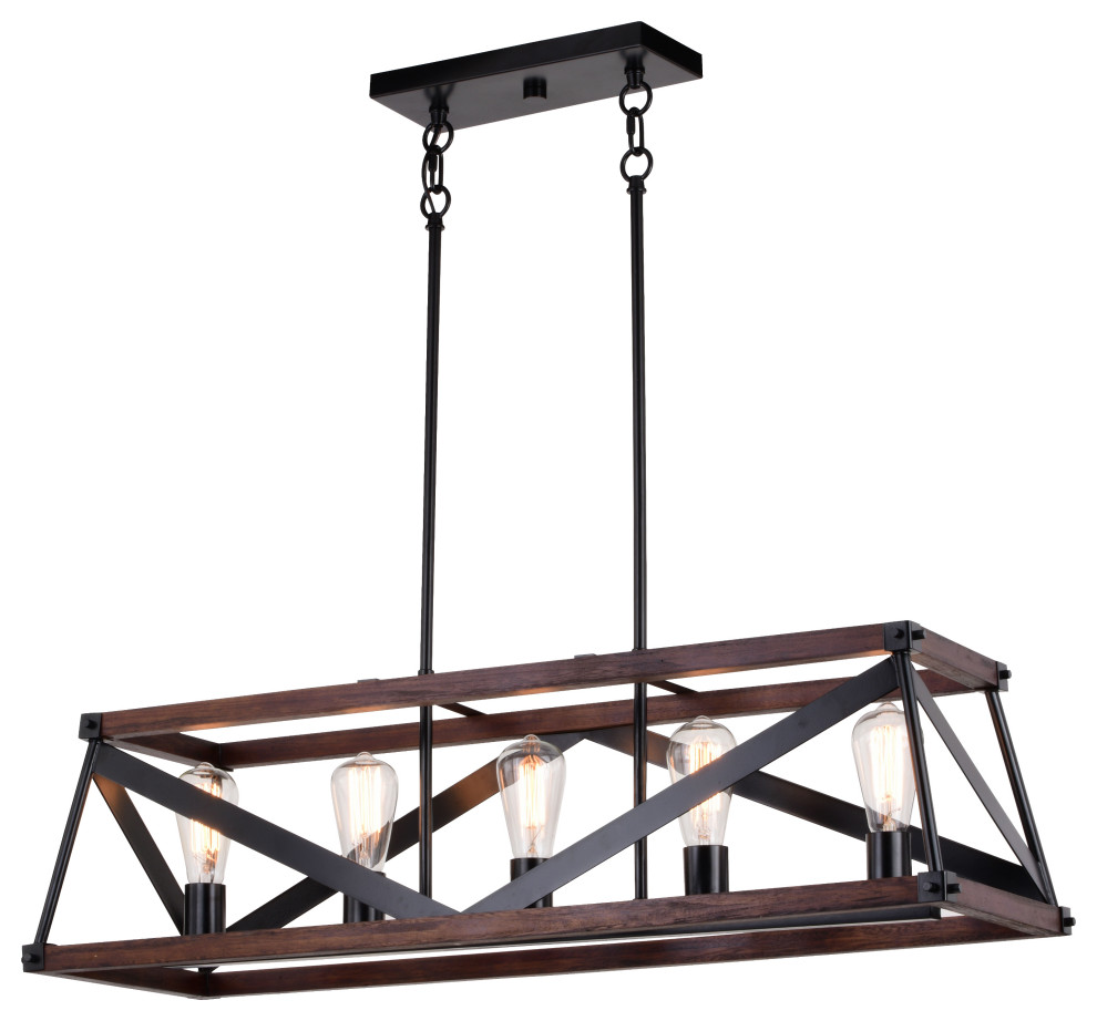 Wade 36" 5 Light Linear Chandelier Matte Black and Sycamore