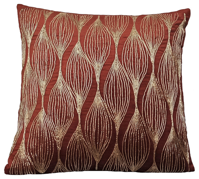 Red Decorative Pillow Shams 24"x24" Velvet, Golden Sitar