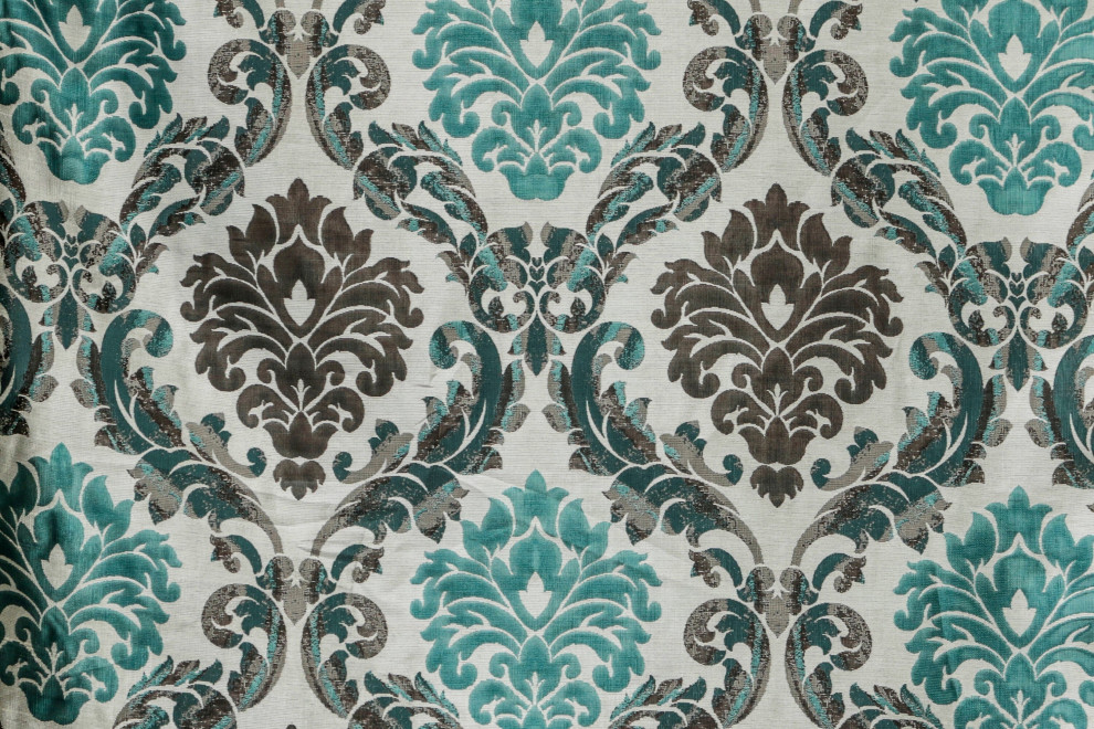 Teal and Grey Damask Upholstery Fabric By The Yard, Jacquard Weave Fabric