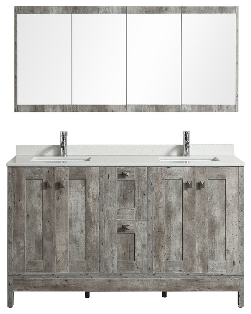 Aquamoon Laredo Washed Grey Double Sink Modern Bathroom Vanity With Mirror, 60"
