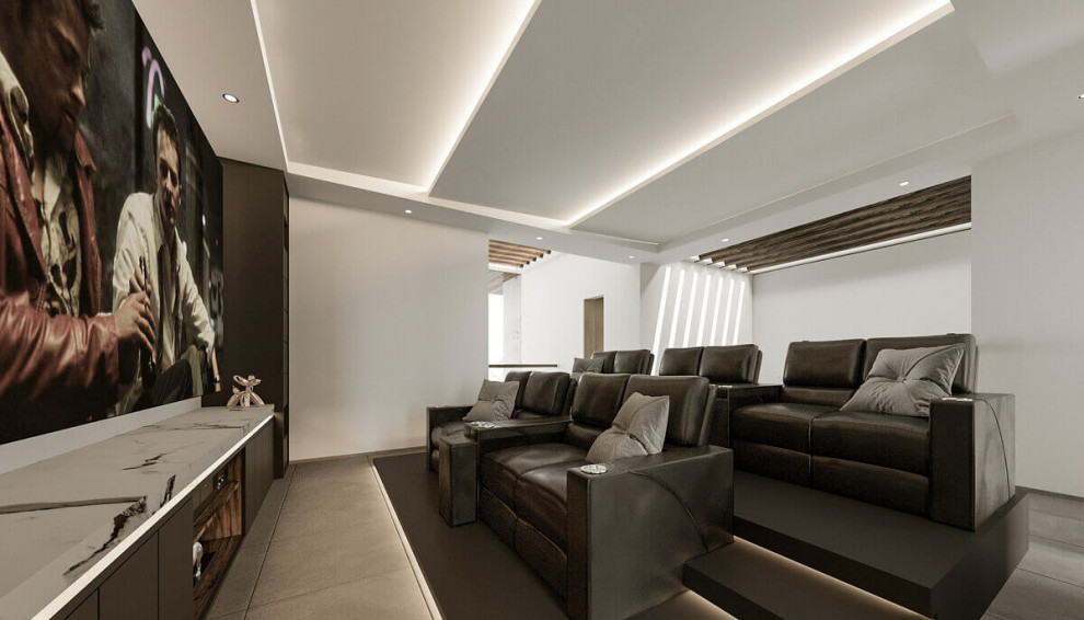 Design ideas for a large modern enclosed home cinema in Other with white walls and black floors.