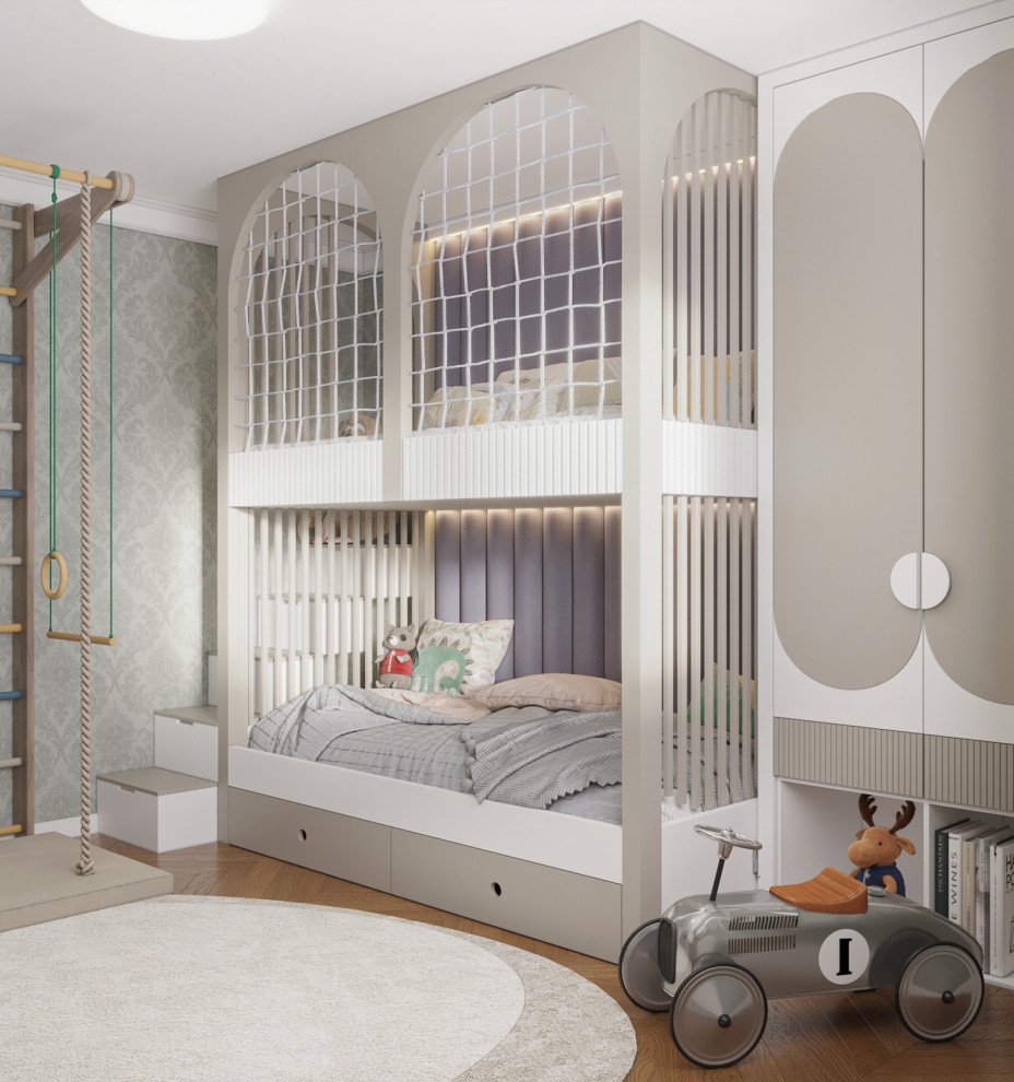 Immagine di una cameretta per bambini da 4 a 10 anni di medie dimensioni con pareti grigie, moquette e pavimento grigio