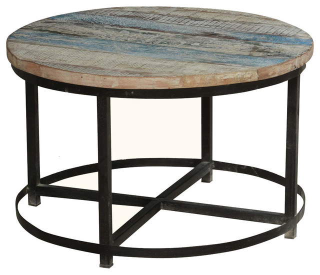 Round Industrial Coffee Table, Round Metal And Reclaimed Wood Coffee Table
