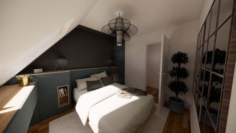 На фото: маленькая спальня в современном стиле с синими стенами, полом из винила и коричневым полом без камина для на участке и в саду
