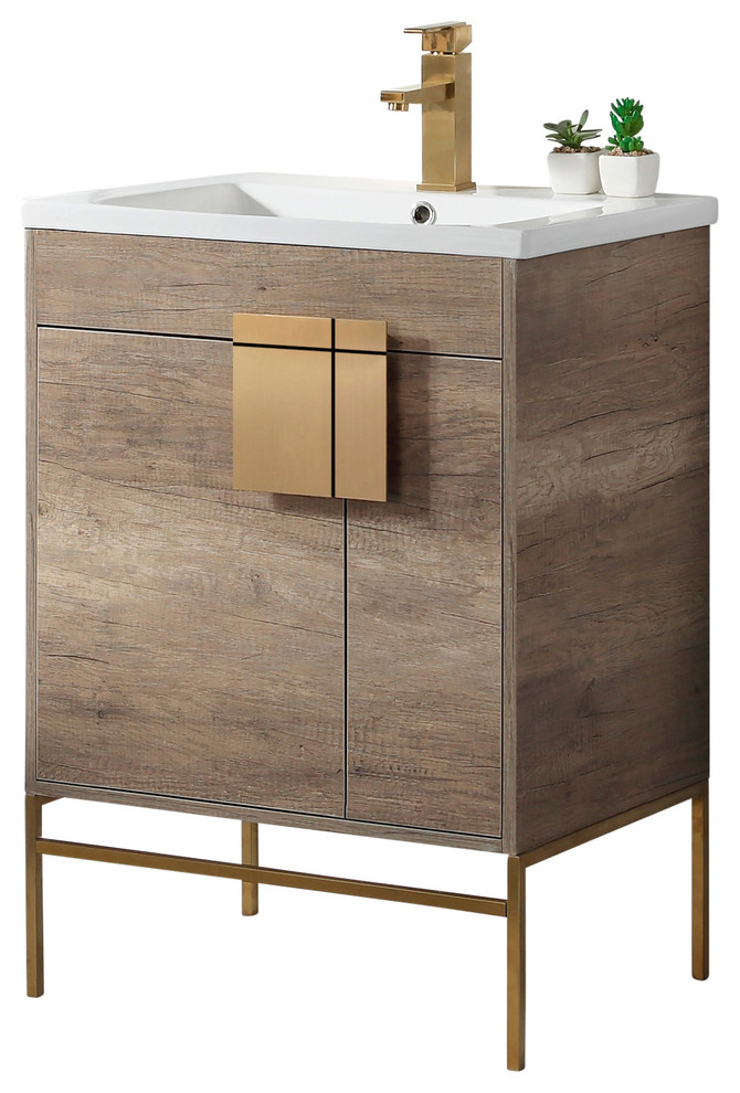 Modern Grey Bathroom Vanity Set, Satin Brass Hardware, Vireous China Sink Top