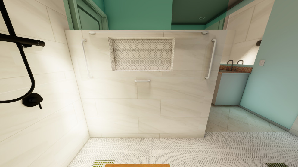 Idéer för att renovera ett litet funkis en-suite badrum, med en kantlös dusch och med dusch som är öppen