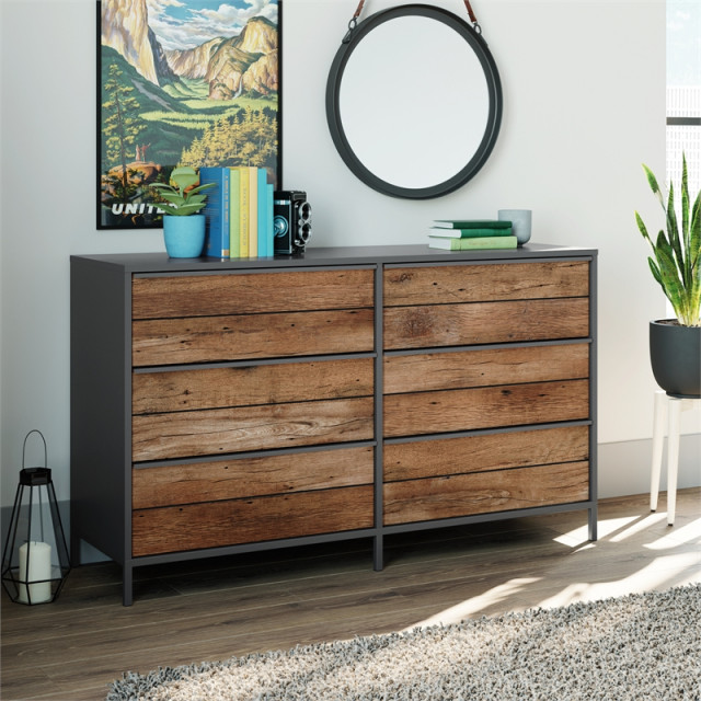 Sauder Boulevard Cafe Engineered Wood 6 Drawer Dresser in Vintage Oak Finish - Industrial ...