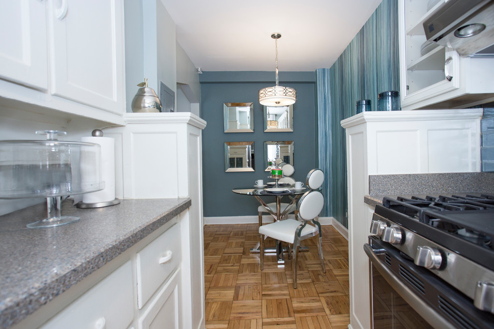 Small transitional enclosed kitchen photo in DC Metro with glass tile backsplash