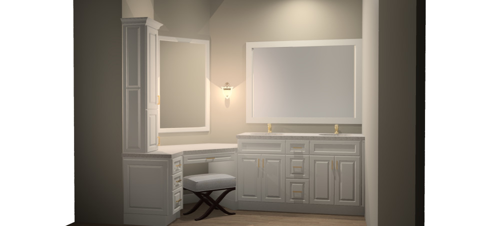 Стильный дизайн: главная ванная комната в классическом стиле с белыми фасадами, тумбой под две раковины и встроенной тумбой - последний тренд