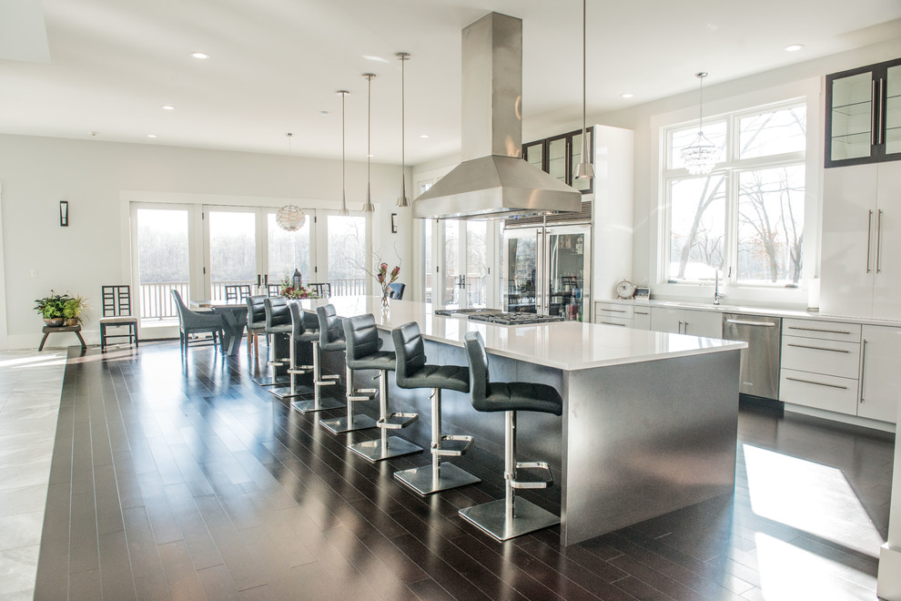 Photo of an expansive modern galley open plan kitchen in Chicago with a double-bowl sink, flat-panel cabinets, white cabinets, quartz benchtops, stainless steel appliances, dark hardwood floors and with island.