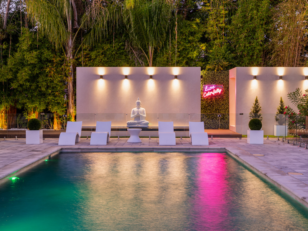 Großer Moderner Infinity-Pool hinter dem Haus in rechteckiger Form mit Wasserspiel in Miami