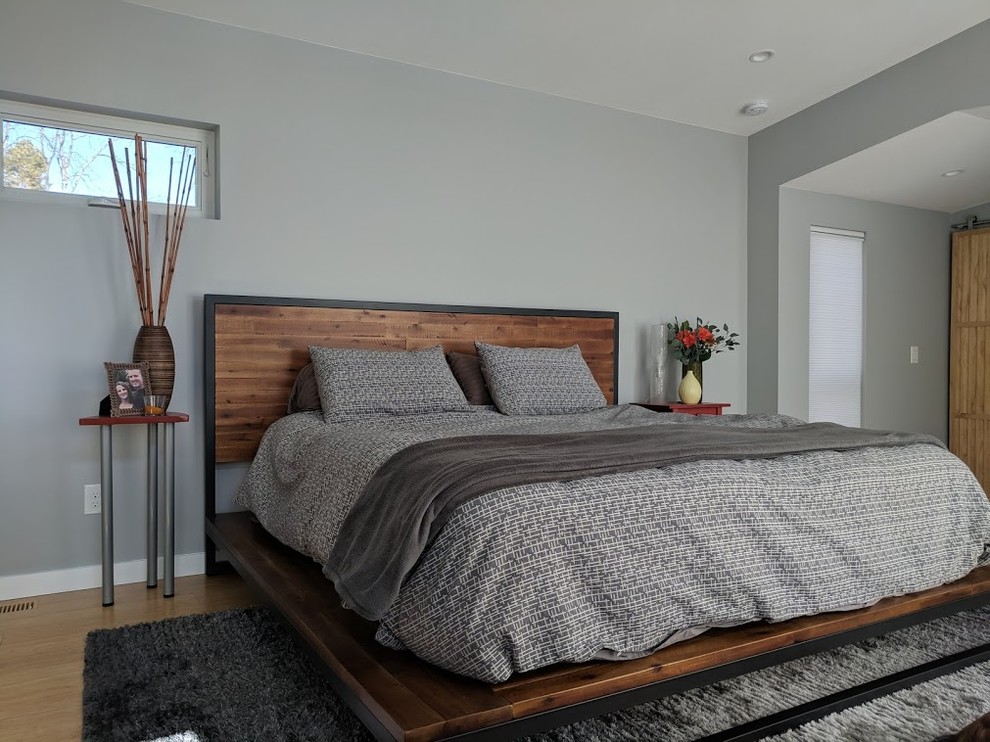 Inspiration for a mid-sized modern master bedroom in Denver with grey walls, bamboo floors and brown floor.