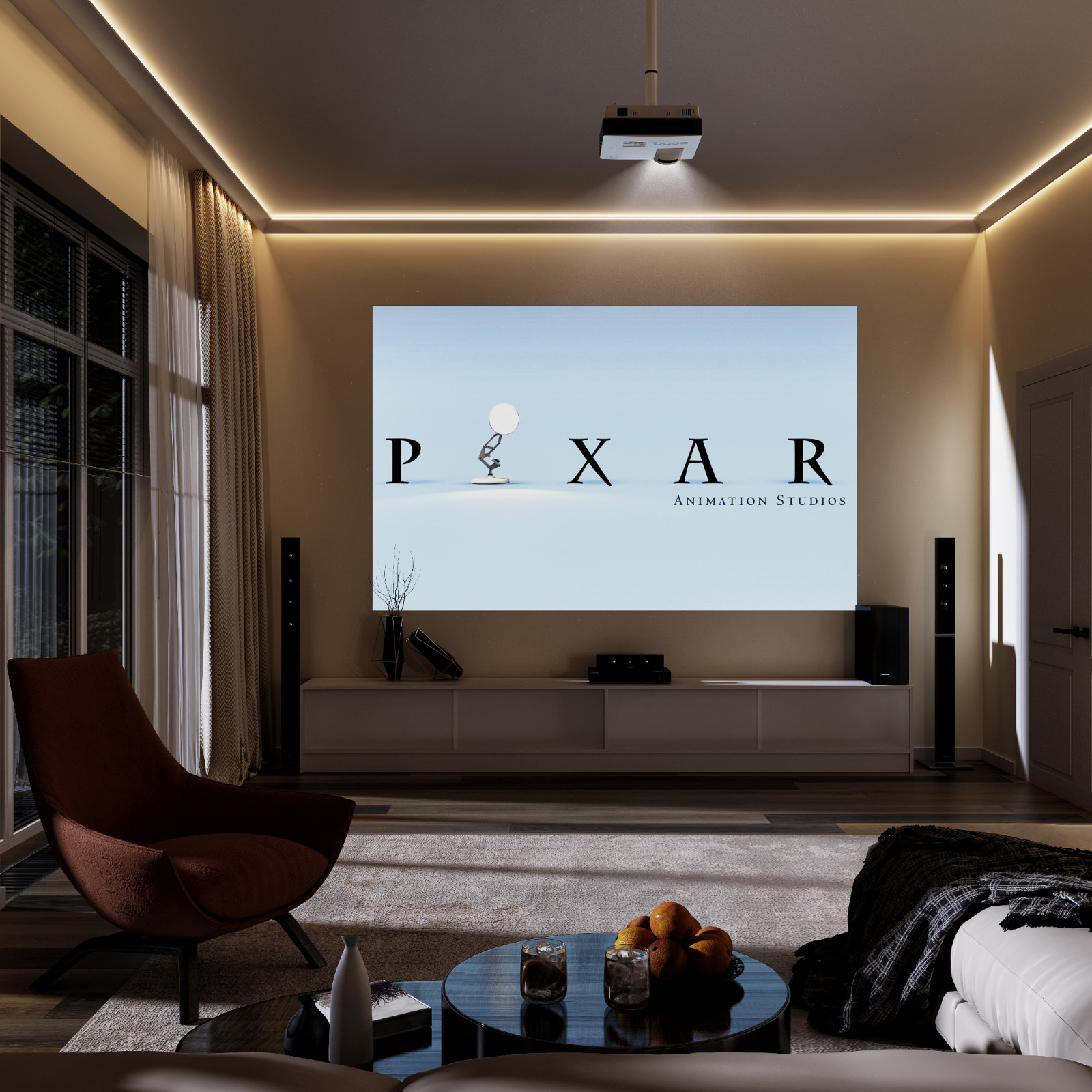 Ночные визуализации гостиной 30 кв.м. в современном стиле