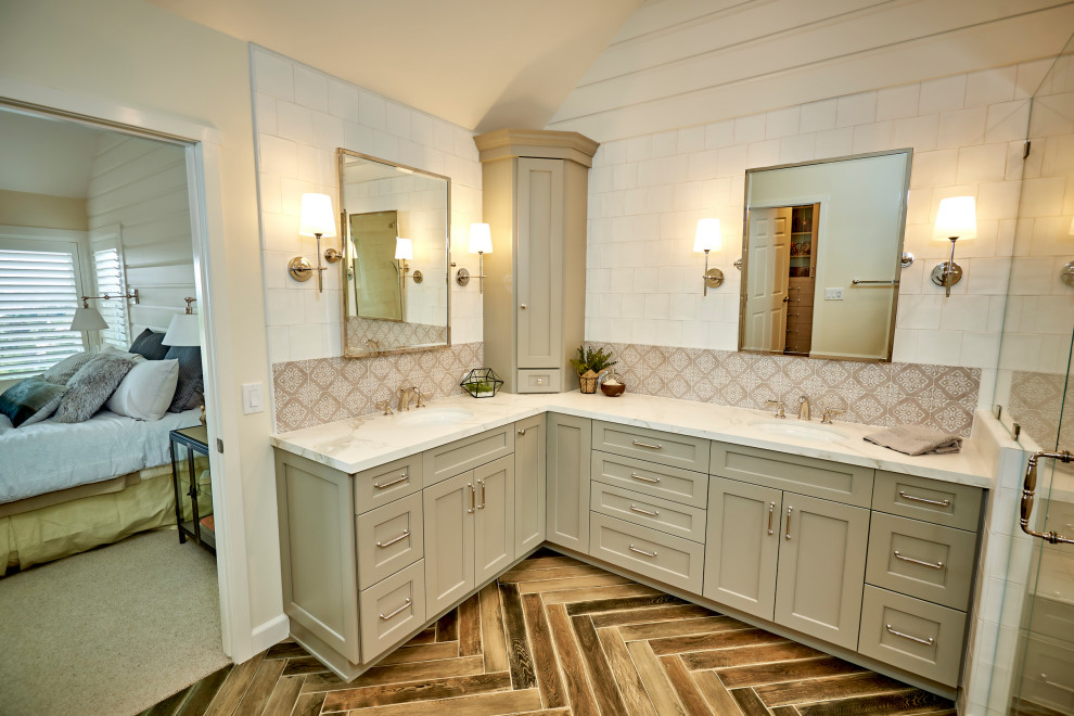 This is an example of a mid-sized master bathroom in San Diego with recessed-panel cabinets, green cabinets, an open shower, a wall-mount toilet, white tile, cement tile, white walls, porcelain floors, an undermount sink, engineered quartz benchtops, brown floor, a hinged shower door, white benchtops, an enclosed toilet, a double vanity, a built-in vanity, exposed beam and planked wall panelling.