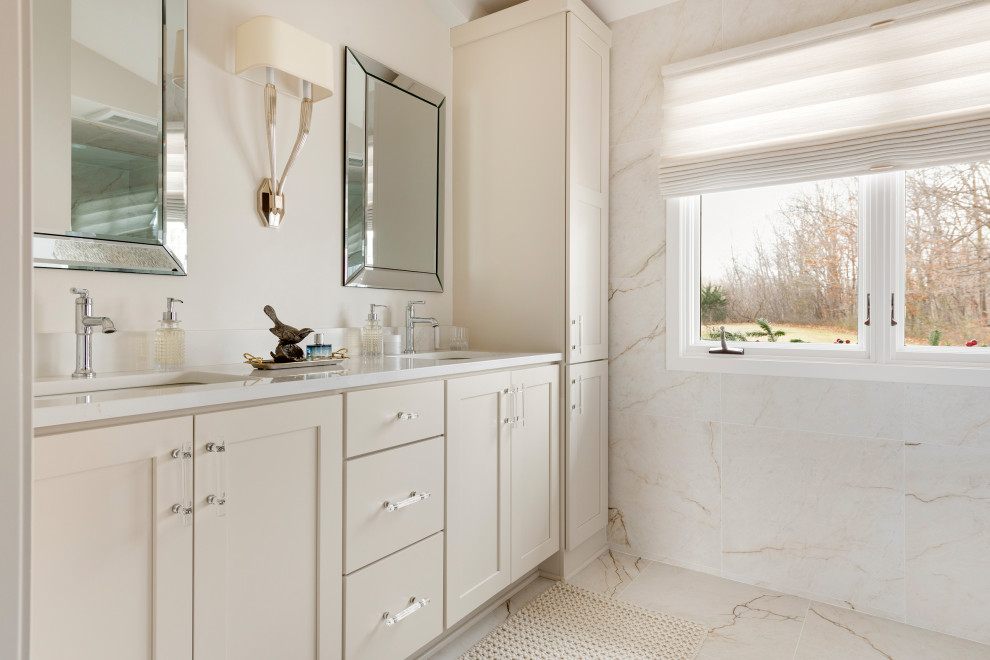 Mid-sized transitional multicolored tile and porcelain tile porcelain tile, multicolored floor, double-sink and vaulted ceiling alcove shower photo in Minneapolis with shaker cabinets, beige cabinets, a bidet, white walls, an undermount sink, quartz countertops, a hinged shower door, white countertops and a built-in vanity