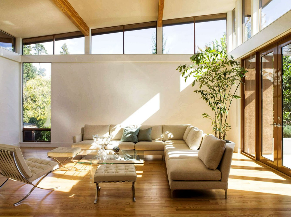 Living room with clerestory windows, natural ventilation & healthy materials.