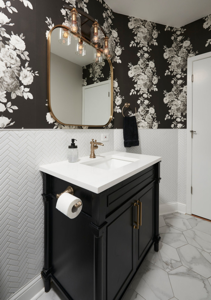 Design ideas for a small modern cloakroom in Other with black cabinets and white worktops.