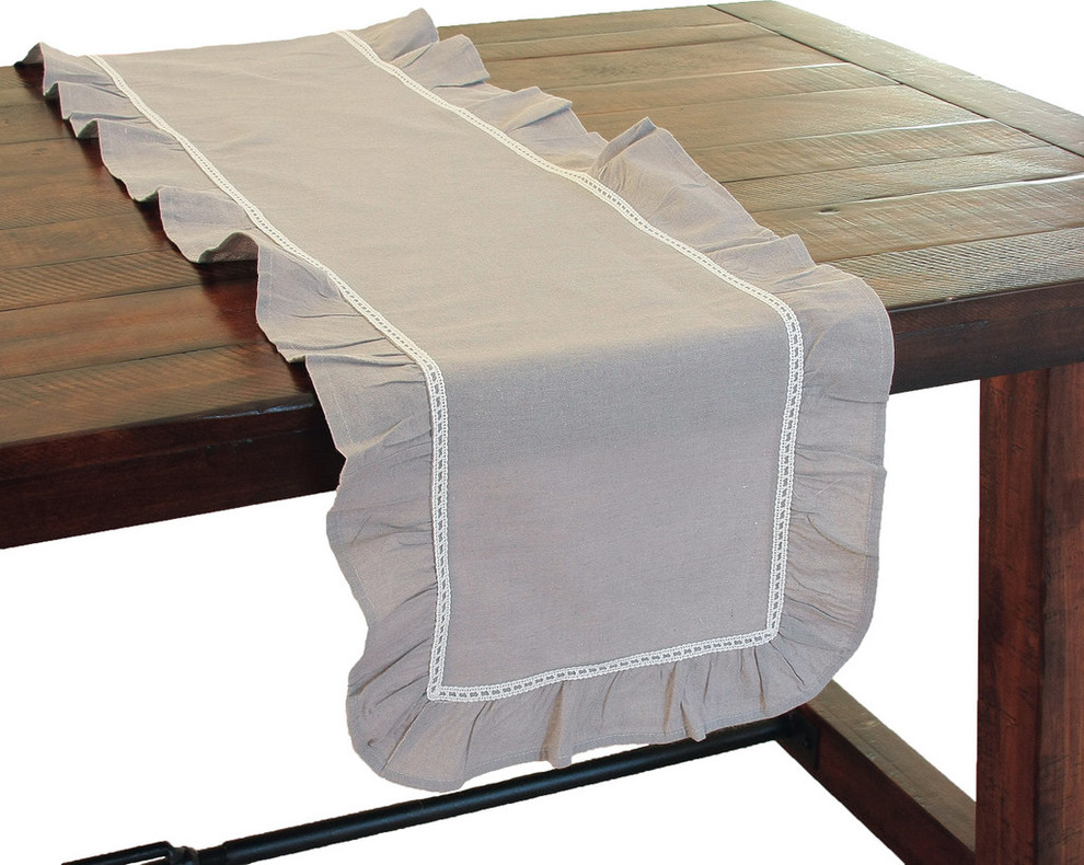 Ruffle Trim Taupe with White Lace Table Runner