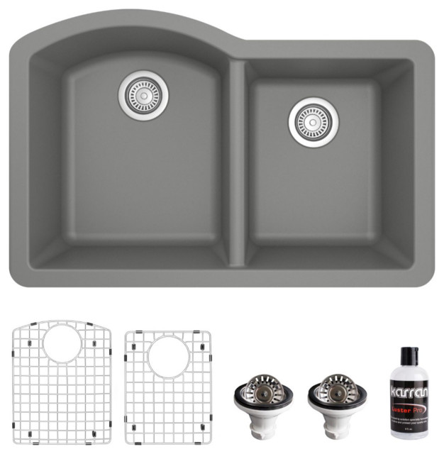 Karran Undermount Quartz 32" 60/40 Double Bowl Kitchen Sink Kit, Grey