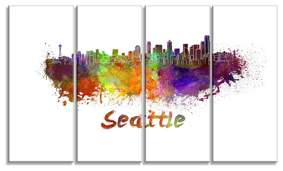 "Seattle Skyline" Cityscape Glossy Metal Wall Art, 48"x28" 4 Panel
