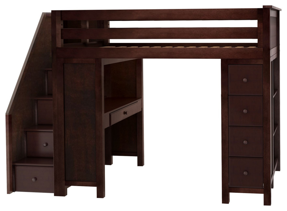 Plank+Beam Twin Loft Bed with Desk+4 Drawer Dresser+Bookcase+Storage/Stairs Transitional