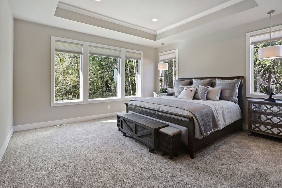 Example of a transitional master carpeted bedroom design