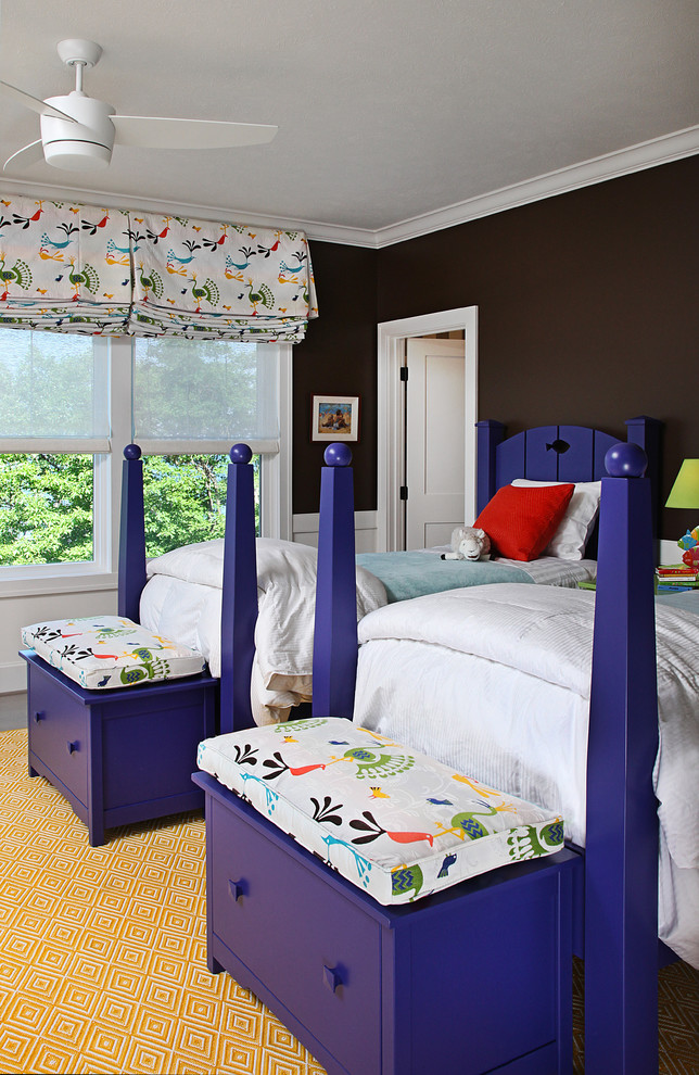 This is an example of a mid-sized traditional gender-neutral kids' bedroom for kids 4-10 years old in Grand Rapids with black walls, carpet and yellow floor.