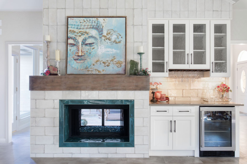 Barker Ridge Drive - Family room - eclectic vinyl floor family room idea in Austin with a two-sided fireplace, a tile fireplace and a media wall