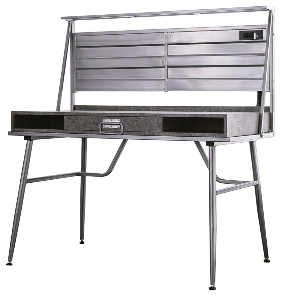 Corrugated Back Metal Frame Desk with USB Docks, Gray and Silver