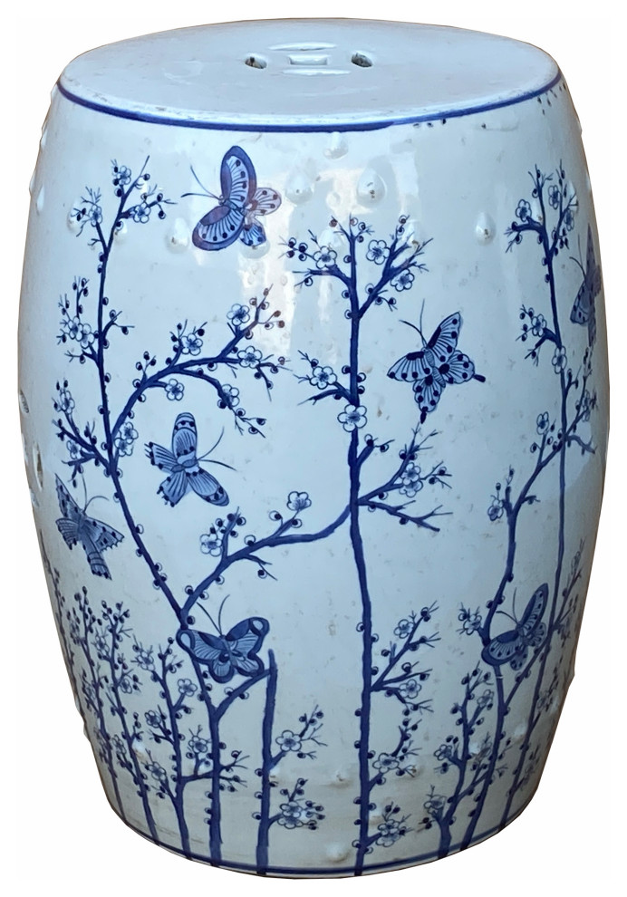 Chinese Blue & White Porcelain Round Flower Butterflies Table Stool Hcs7003