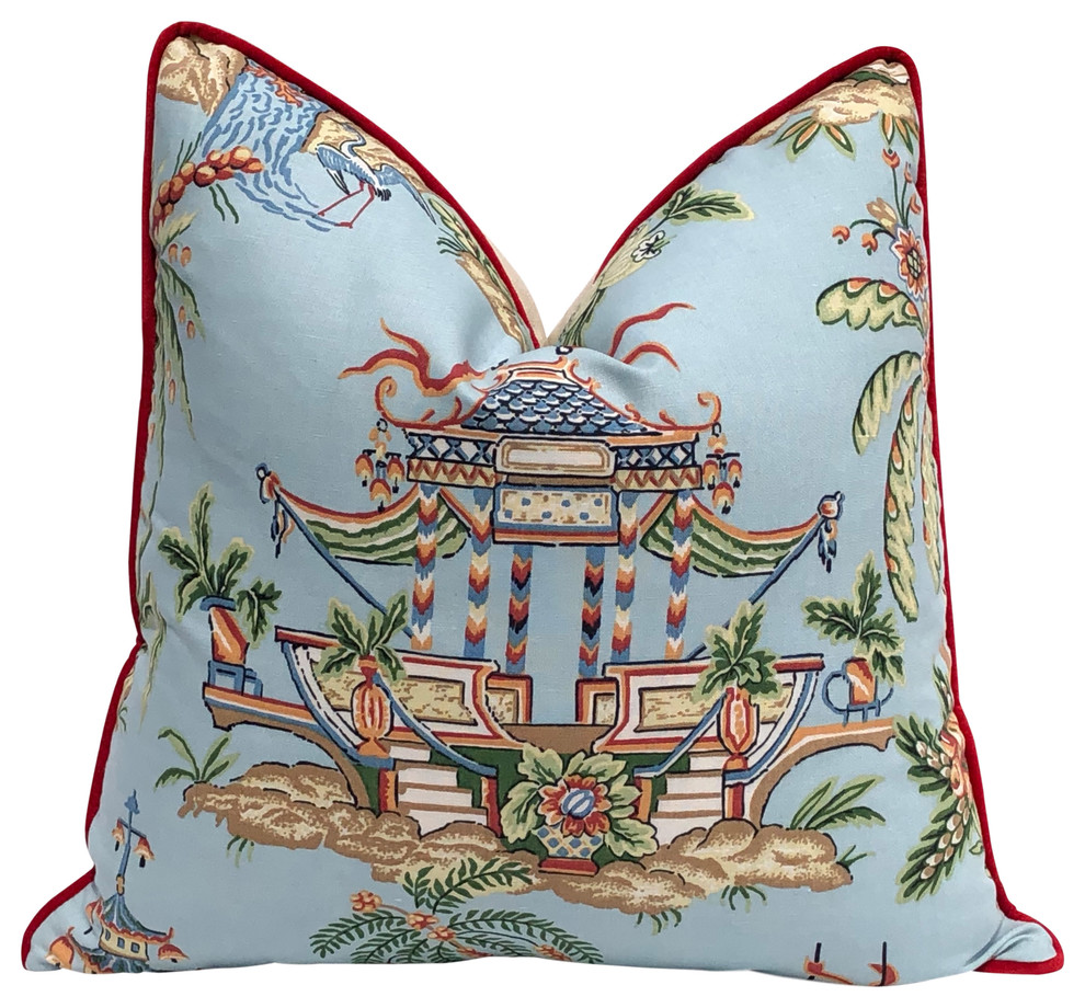 Blue Pagoda Chinoiserie Pillow Red Accent Pipping Lumbar Asian