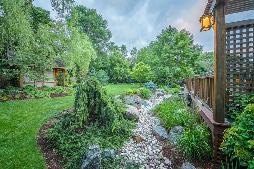 Design ideas for a large asian backyard partial sun garden in Milwaukee with gravel.