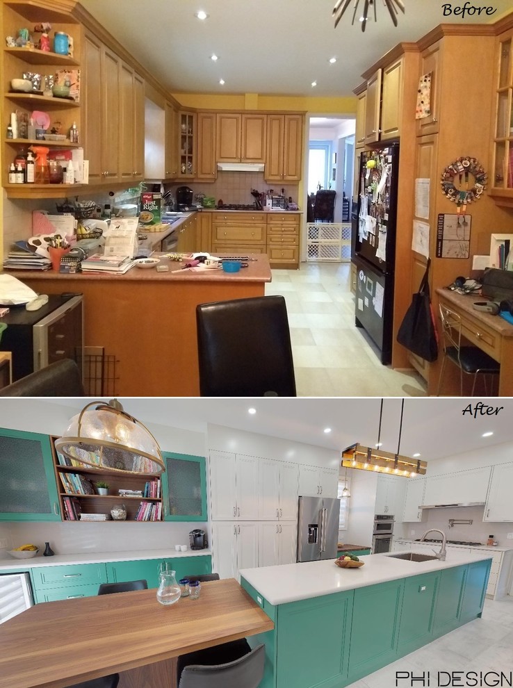 Eat-in kitchen - mid-sized transitional l-shaped porcelain tile and gray floor eat-in kitchen idea in Toronto with a single-bowl sink, shaker cabinets, white cabinets, quartz countertops, white backsplash, stone slab backsplash, stainless steel appliances, an island and white countertops