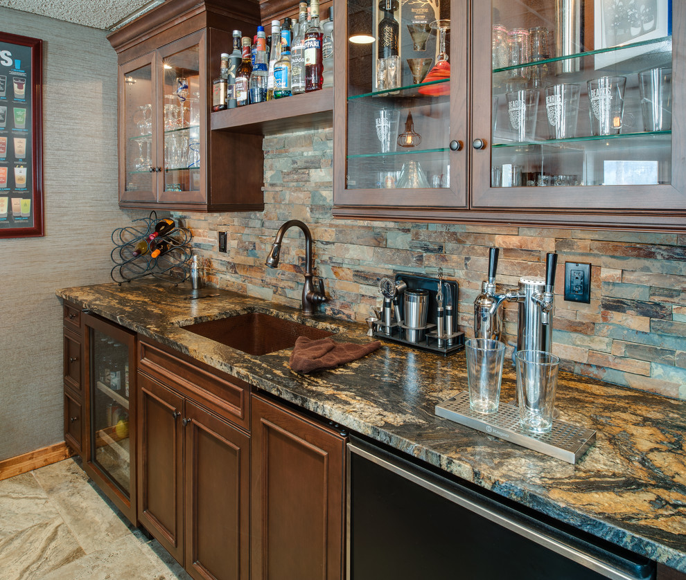 Transitional home bar in Other with medium wood cabinets, granite benchtops and stone tile splashback.