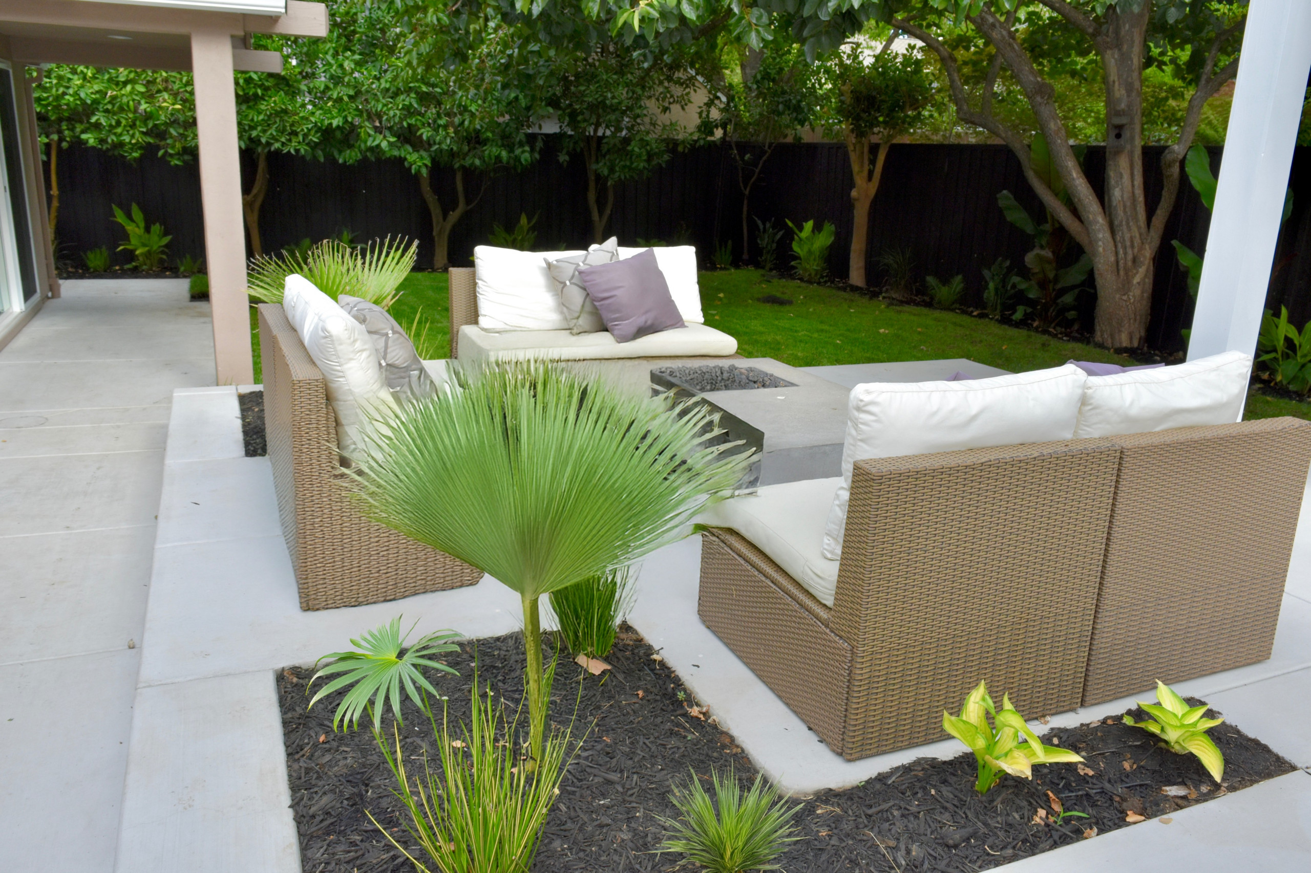 Modern Tropical Seating Area with Firepit and Privacy Greenery