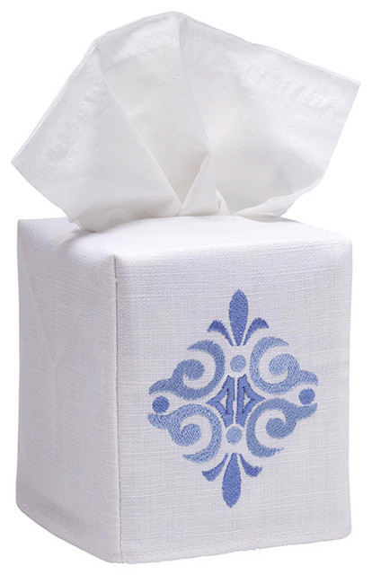 Linen Tissue Box Cover, Amalfi Scroll Blue