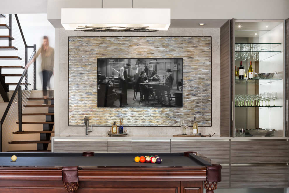 Photo of a contemporary single-wall wet bar in San Francisco with flat-panel cabinets, multi-coloured splashback, mosaic tile splashback and grey benchtop.