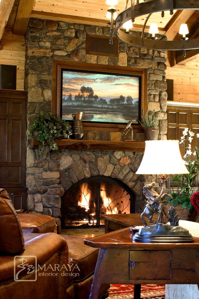 Mountain Home Living Room With Stone Fireplace Rustic Family Room Santa Barbara By Maraya Interior Design