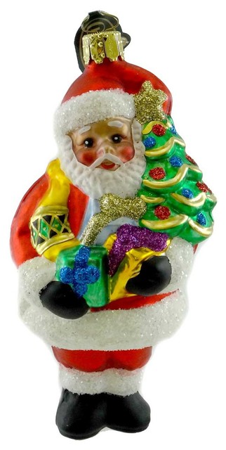 Holiday Ornament Black Santa With Presents Glass Christmas St