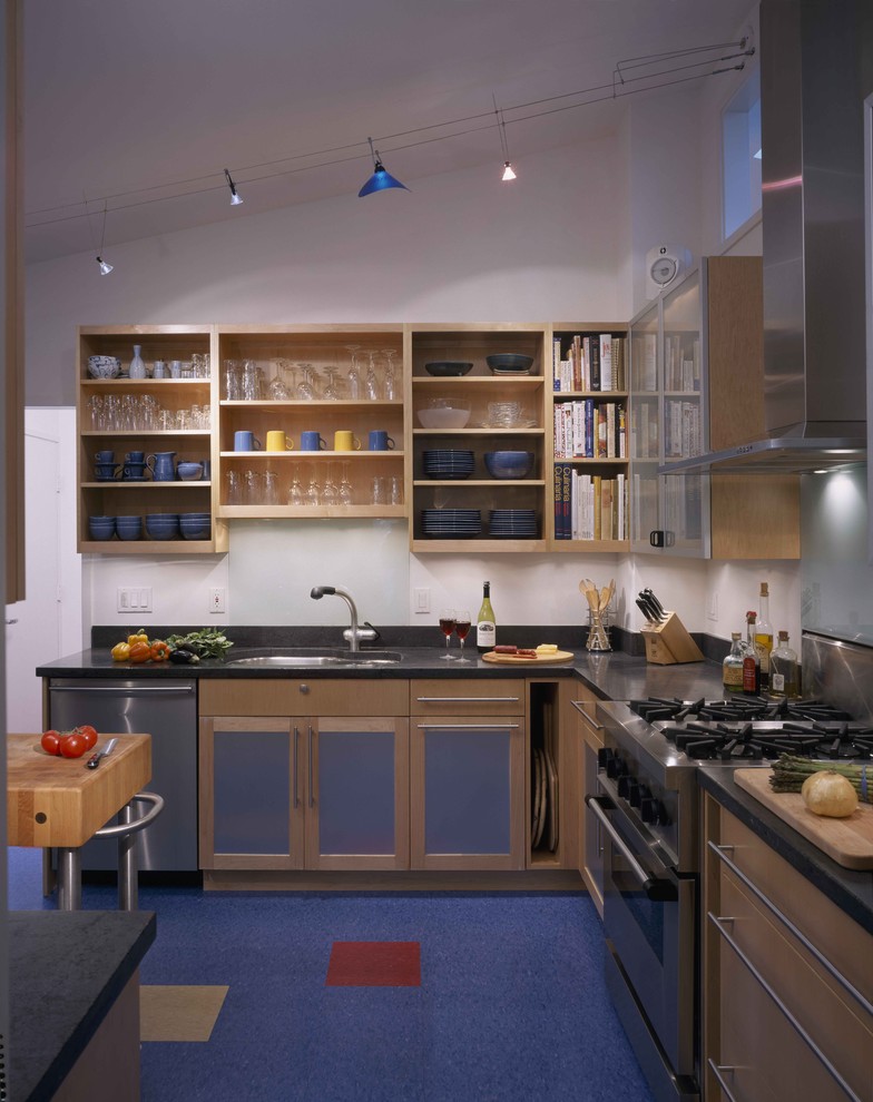 Inspiration for a contemporary kitchen in DC Metro with open cabinets, medium wood cabinets and blue floor.