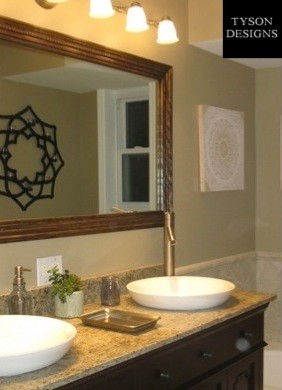 Example of a small transitional 3/4 black tile and cement tile concrete floor bathroom design in Cincinnati with a vessel sink, recessed-panel cabinets, dark wood cabinets, granite countertops and beige walls