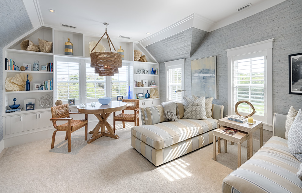 Photo of a beach style family room in Boston with grey walls, carpet and beige floor.